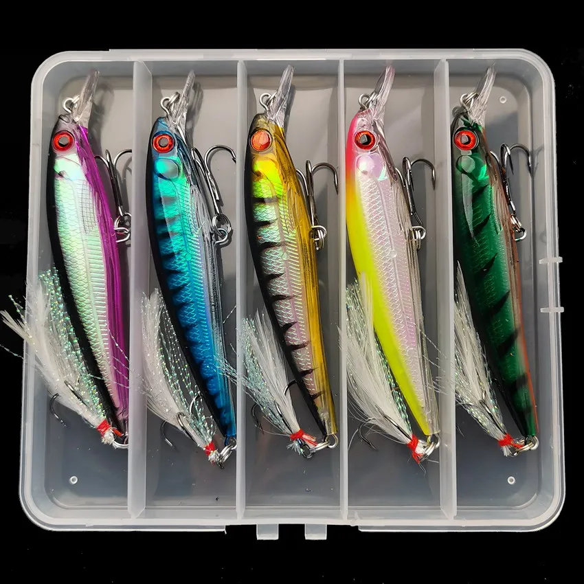 Fishing Quest - 3Dレーザーアイミノールアー,フェザー付きハードベイト,最大キャッチ,5ピース/箱,13.3g/6.8g