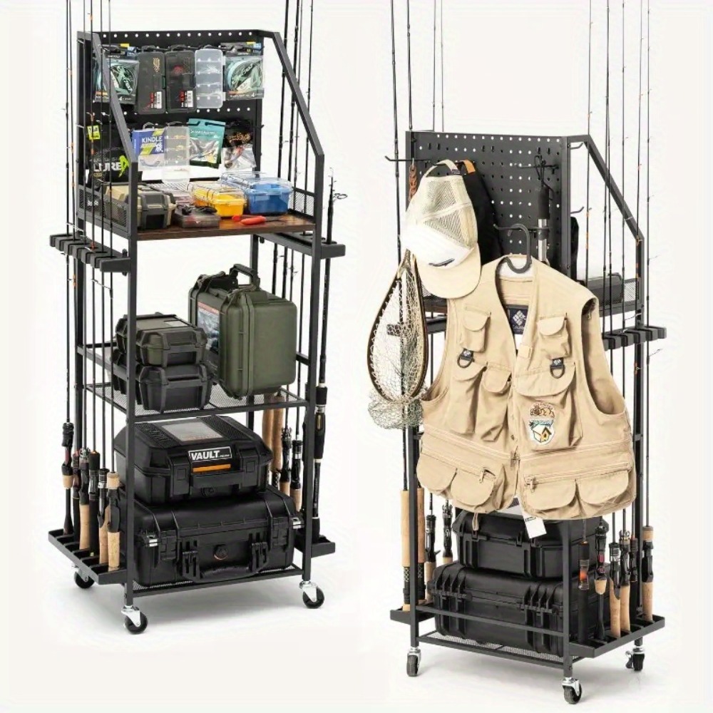 Fishing Quest - ガレージ用釣り竿ホルダー、ペグボードフック付き12本用釣り竿ホルダー、ローリングフィッシングカート、タックルボックス、ギア収納